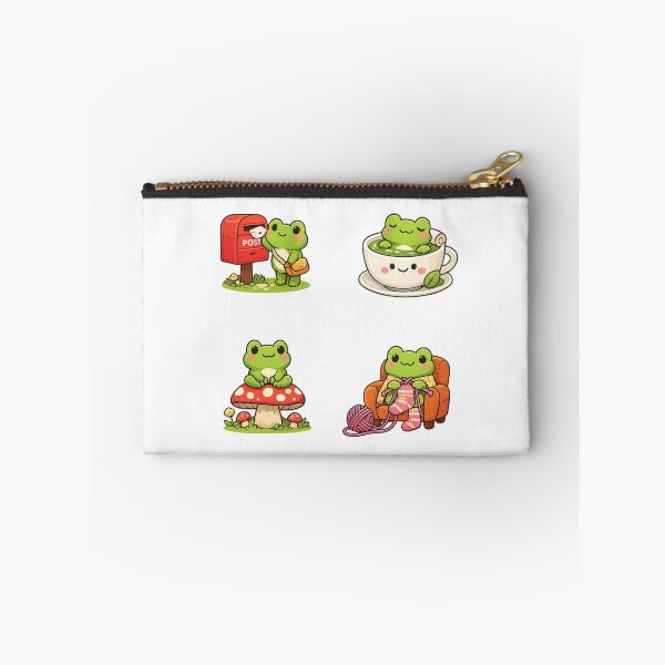 Item preview, Cute kawaii frog pack, posting letter, knitting, relaxing in green tea, sitting on mushroom designed and sold by Britishdelights.