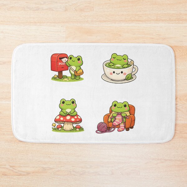 Item preview, Cute kawaii frog pack, posting letter, knitting, relaxing in green tea, sitting on mushroom designed and sold by BritishDelights.