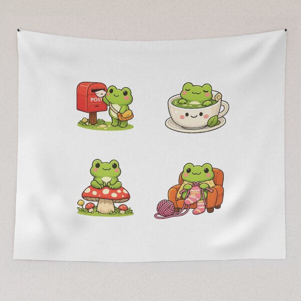 Item preview, Cute kawaii frog pack, posting letter, knitting, relaxing in green tea, sitting on mushroom designed and sold by BritishDelights.