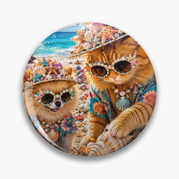 Item preview, Fancy and Sandy Glam Cat and Dog in Seashell Hats at the Beach designed and sold by Extremeallie.