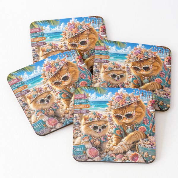 Item preview, Fancy and Sandy Glam Cat and Dog in Seashell Hats at the Beach designed and sold by Extremeallie.