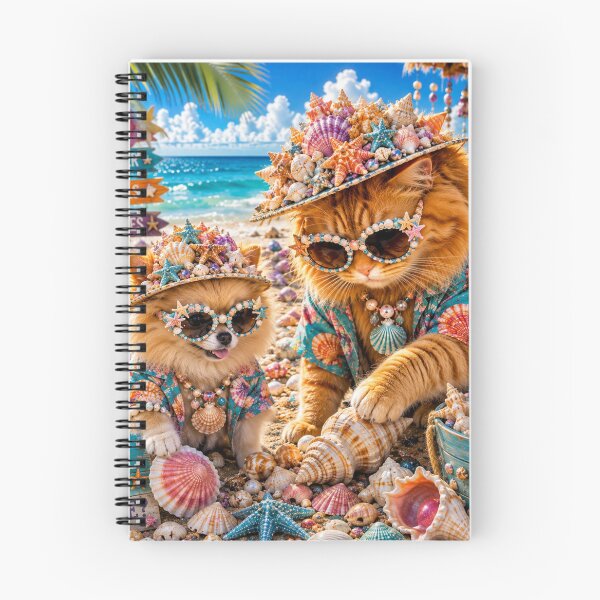 Item preview, Fancy and Sandy Glam Cat and Dog in Seashell Hats at the Beach designed and sold by Extremeallie.