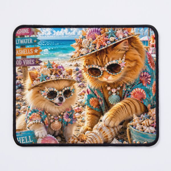 Item preview, Fancy and Sandy Glam Cat and Dog in Seashell Hats at the Beach designed and sold by Extremeallie.