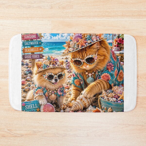 Item preview, Fancy and Sandy Glam Cat and Dog in Seashell Hats at the Beach designed and sold by Extremeallie.