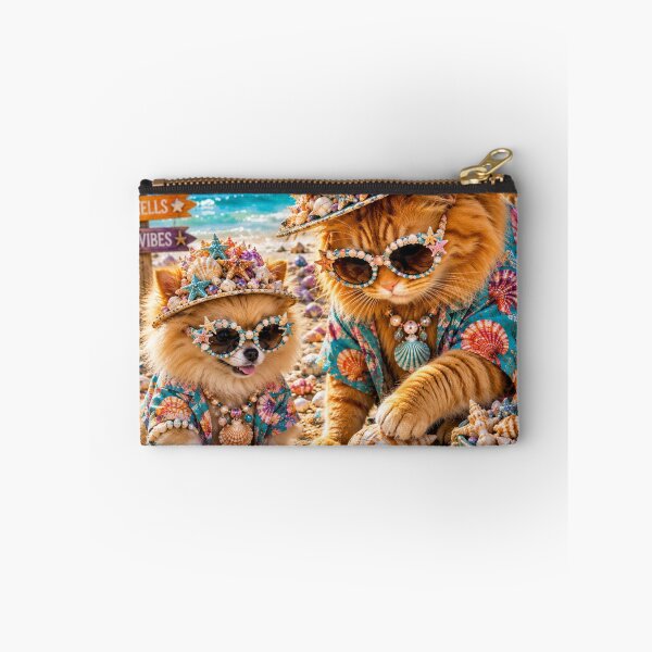 Item preview, Fancy and Sandy Glam Cat and Dog in Seashell Hats at the Beach designed and sold by Extremeallie.