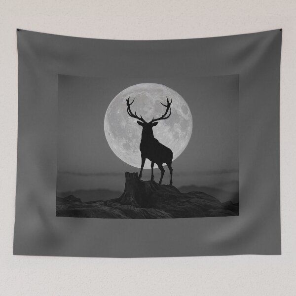 Item preview, Red deer on mountain with full buck moon designed and sold by James Cumming.