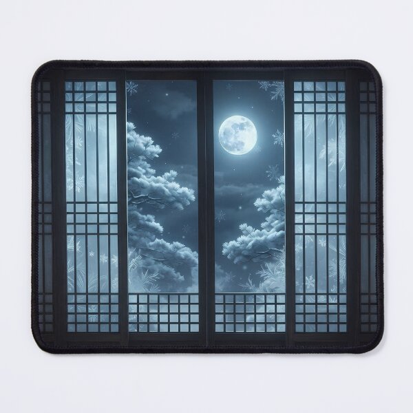Item preview, Frosty Moonlight Through Korean Traditional Lattice Window & Snowy Pine Trees - Serene Winter Night Aesthetic designed and sold by SOOstudio73.