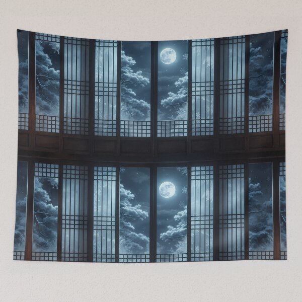 Item preview, Frosty Moonlight Through Korean Traditional Lattice Window & Snowy Pine Trees - Serene Winter Night Aesthetic designed and sold by SOOstudio73.