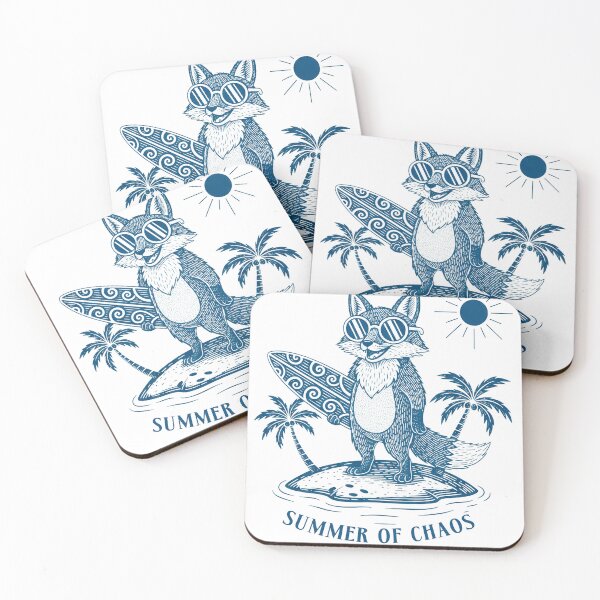 Item preview, Surfing Fox on Tropical Island - Vintage Blue Linocut Summer Art designed and sold by InkRebelprint.