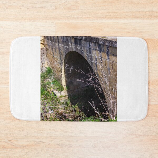 Item preview, Old Stone Arch Bridge With Dark Tunnel Entrance Surrounded by Overgrown Vegetation designed and sold by Nmallia.