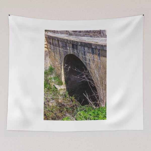 Item preview, Old Stone Arch Bridge With Dark Tunnel Entrance Surrounded by Overgrown Vegetation designed and sold by Nmallia.