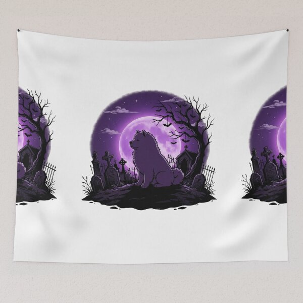 Item preview, Chow chow Halloween at night, purple Moon, cemetery,  creepy, spooky designed and sold by Coolparrotgirl.