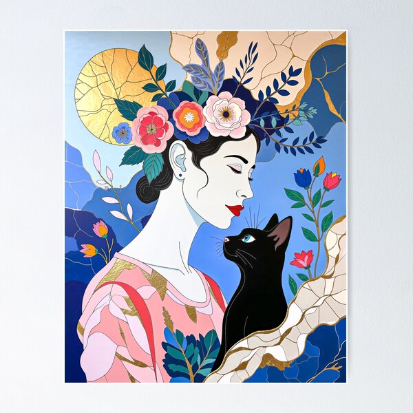 Item preview, Woman with Black Cat and Flowers - Elegant Feminine Wall Art designed and sold by QQQueen.
