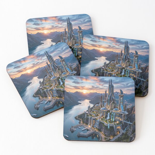 Item preview, Futuristic City on Mountain Lake at Sunset designed and sold by AnamikaArtVibe.