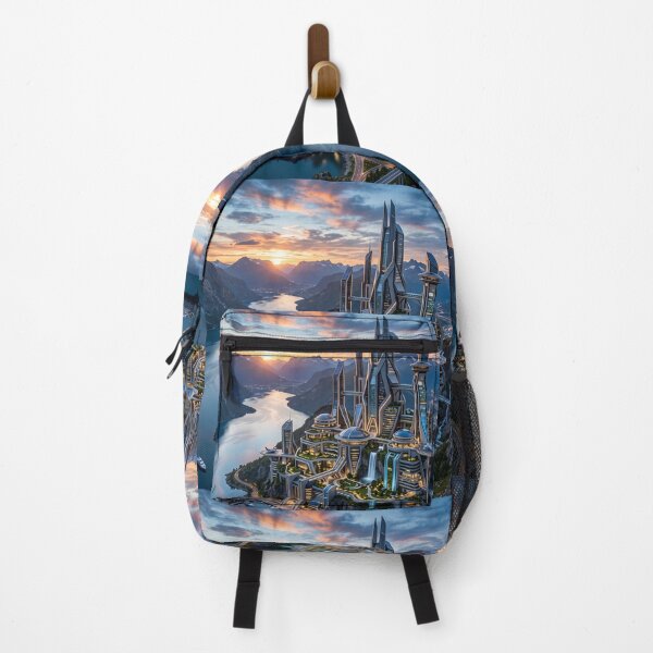 Item preview, Futuristic City on Mountain Lake at Sunset designed and sold by AnamikaArtVibe.