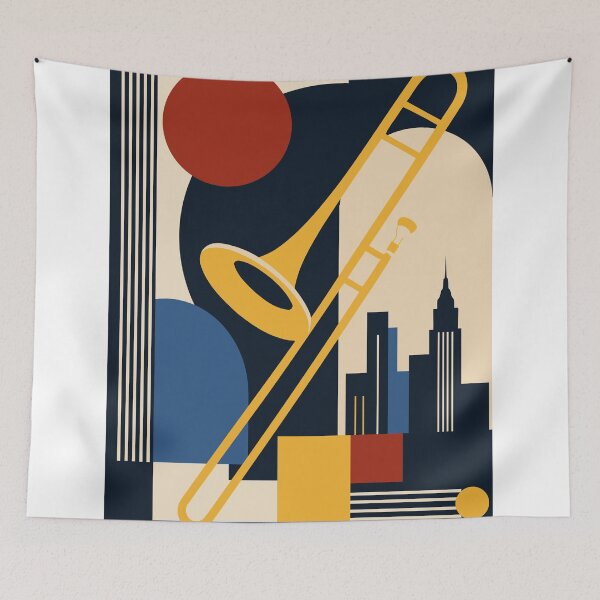Item preview, Bauhaus Jazz Trombone Art | Mid Century Modern Music Art | Abstract Geometric Cityscape | Retro Brass Instrument Print designed and sold by Studio pod Burom.