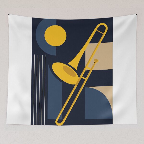 Item preview, Trombone Bauhaus Print, Mid Century Modern Music Art, Indigo Blue And Yellow Edition designed and sold by Studio pod Burom.
