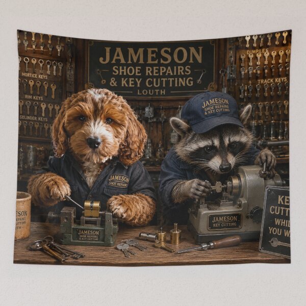 Item preview, Jameson Shoe Repairs and Key Cutting, Louth — Dog and Raccoon Workshop Scene designed and sold by Paul Thompson Photography.
