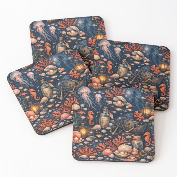Item preview, Deep‑Sea Folklore – Oceanic Cottagecore Pattern (Indigo & Coral Palette) designed and sold by Shadowframe Studios.