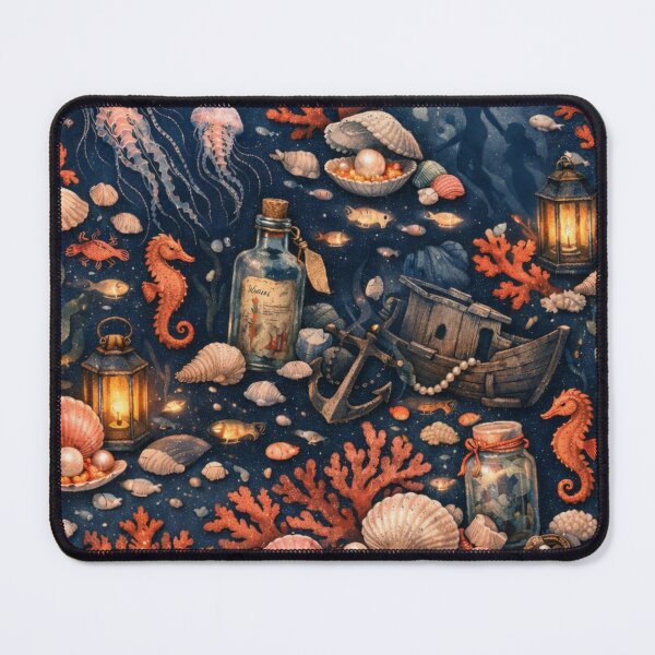 Item preview, Deep‑Sea Folklore – Oceanic Cottagecore Pattern (Indigo & Coral Palette) designed and sold by Shadowframe Studios.