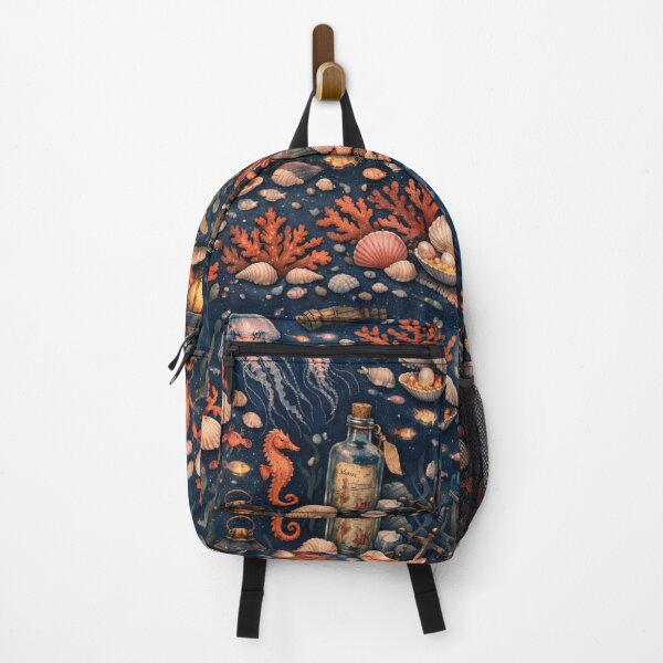 Item preview, Deep‑Sea Folklore – Oceanic Cottagecore Pattern (Indigo & Coral Palette) designed and sold by Shadowframe Studios.