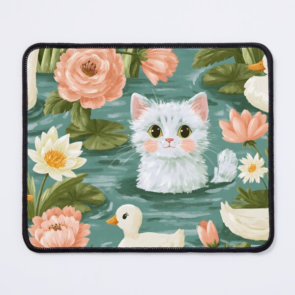 Item preview, Cute White Kitten with Ducks and Water Lilies | Cottagecore Floral Seamless Pattern designed and sold by littlepiig.