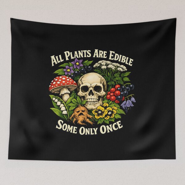 Item preview, All Plants Are Edible Some Only Once – Funny Botanical Dark Humor Skull Mushroom designed and sold by Artycom.