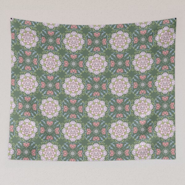 Item preview, Vintage Art Nouveau Lotus Mandala Pattern - Olive Green & Pink designed and sold by joniJhon_design.