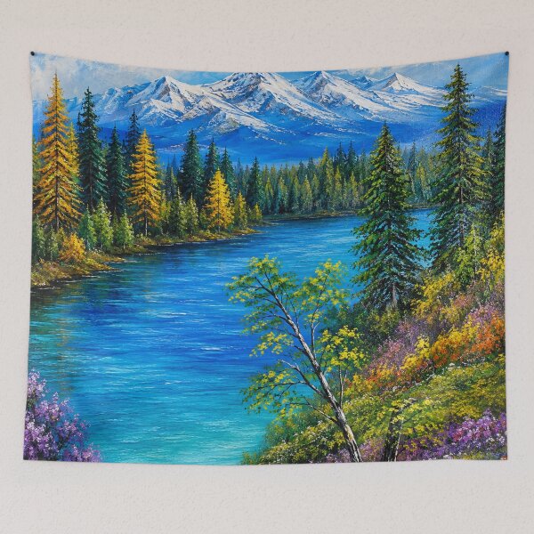 Item preview, Snowy Cold Mountains Lake Colourful Flowers Nature River Artwork designed and sold by MarlinMatt.