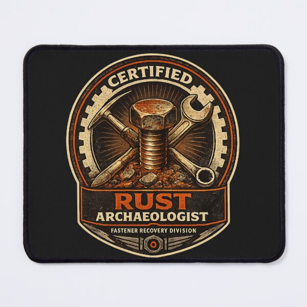 Item preview, Certified Rust Archaeologist – Funny Rust Belt Mechanic Badge designed and sold by ZestyThreads.
