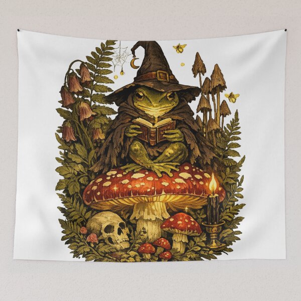 Item preview, Wizard Frog on Glowing Toadstool | Gothic Cottagecore Vintage Botanical Mushroom Art designed and sold by LuxeBuzz.