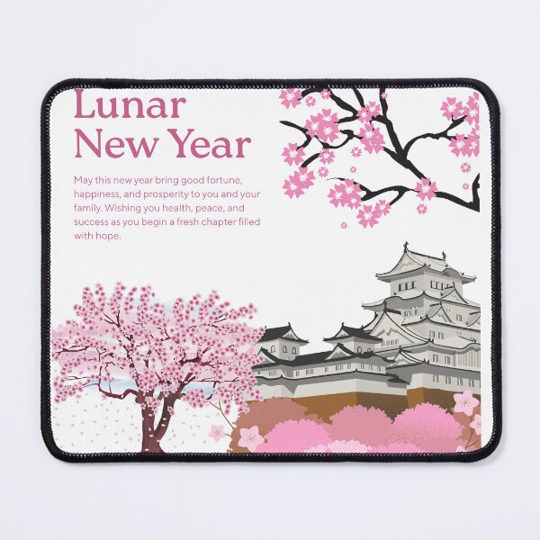 Item preview, Lunar New Year greeting card with cherry blossoms and pagoda – Pink spring design designed and sold by Lexyfy.