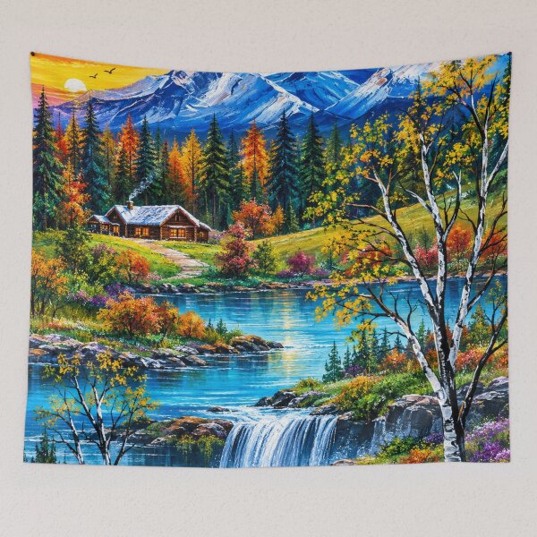 Item preview, Bright Vibrant Snowy Mountain Lake and Waterfall Cabin Retreat designed and sold by MarlinMatt.