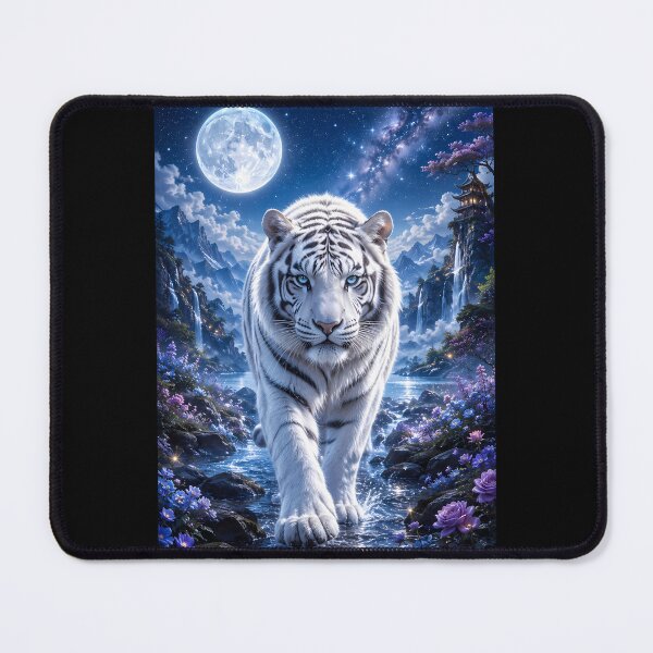 Item preview, White Tiger Moonlit Stream Fantasy Landscape Art | Majestic Wildlife Under the Starry Night Sky designed and sold by ManJiangHong.