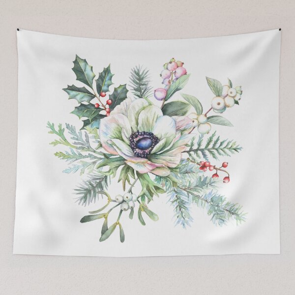 Item preview, White Winter Anemone Watercolor Painting Flower Berries Botanical Greenery designed and sold by art-tee-ua.