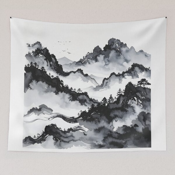 Item preview, Misty Japanese Mountains Ink Wash Landscape designed and sold by BetweenForms.