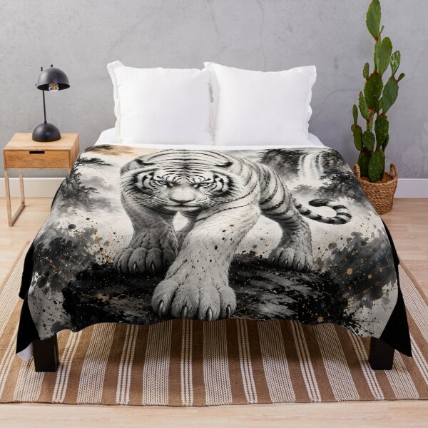Item preview, White Tiger Walking Through Misty Mountains | Ink Wash Wildlife Art | Majestic White Tiger designed and sold by ManJiangHong.