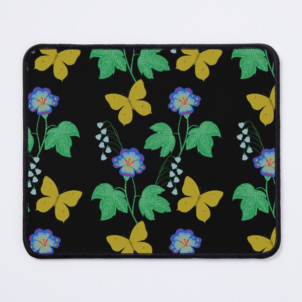 Item preview, Seamless floral pattern with yellow butterflies and blue flowers on a black background designed and sold by HelenIvanchenko.