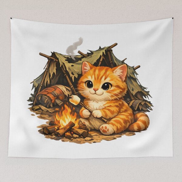 Item preview, Cute Orange Camping Cat Roasting Marshmallow Funny Campfire Illustration designed and sold by builtforyou.