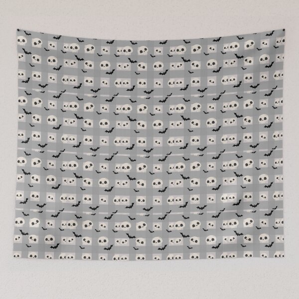 Item preview, Cute Skull and Bat Gingham Check Pattern - Grey Halloween Plaid Vector designed and sold by GrimNest.