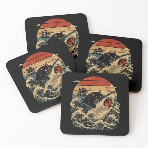 Item preview, Retro Black Cat Riding Fierce Shark Vintage Ocean Adventure  designed and sold by Moizento.
