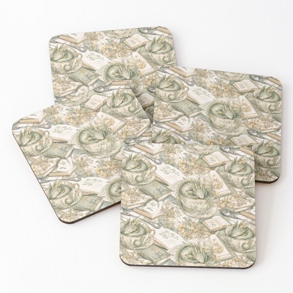 Item preview, Sleepy Dragon Nesting in Teacups and Books Seamless Pattern | Soft Sage designed and sold by StickyGuys.