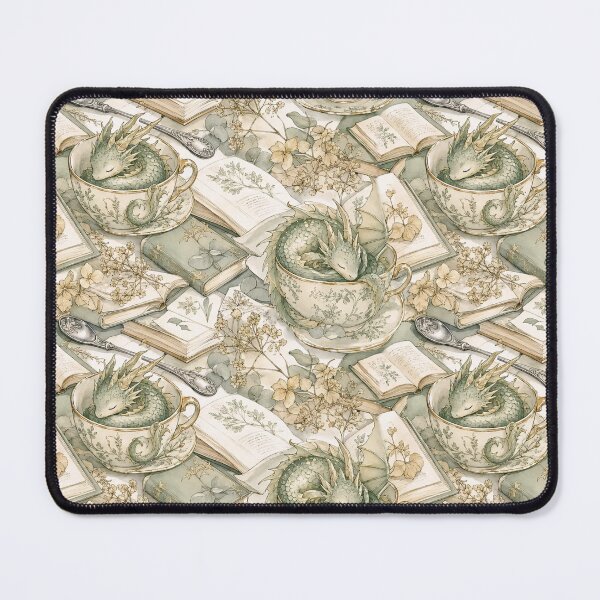 Item preview, Sleepy Dragon Nesting in Teacups and Books Seamless Pattern | Soft Sage designed and sold by StickyGuys.