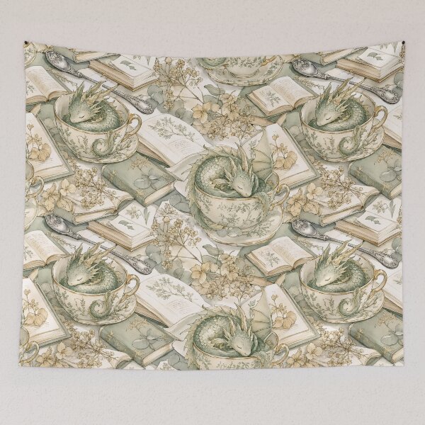 Item preview, Sleepy Dragon Nesting in Teacups and Books Seamless Pattern | Soft Sage designed and sold by StickyGuys.