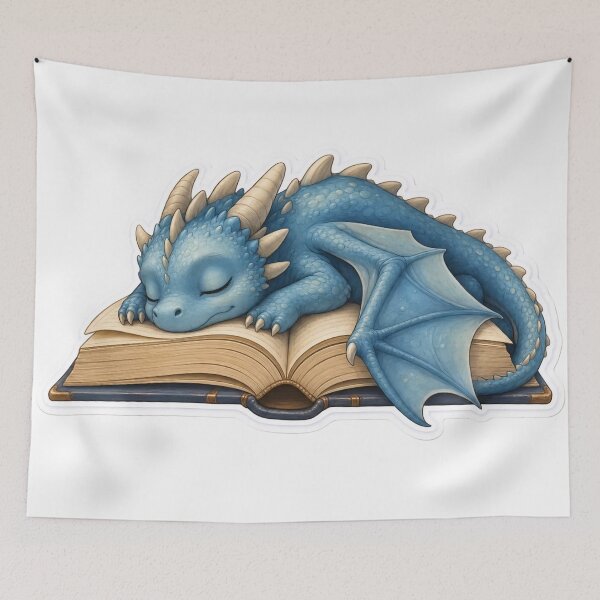 Item preview, Tiny Dragon Sleeping Between Open Pages | Cozy Bookworm Cream designed and sold by StickyGuys.