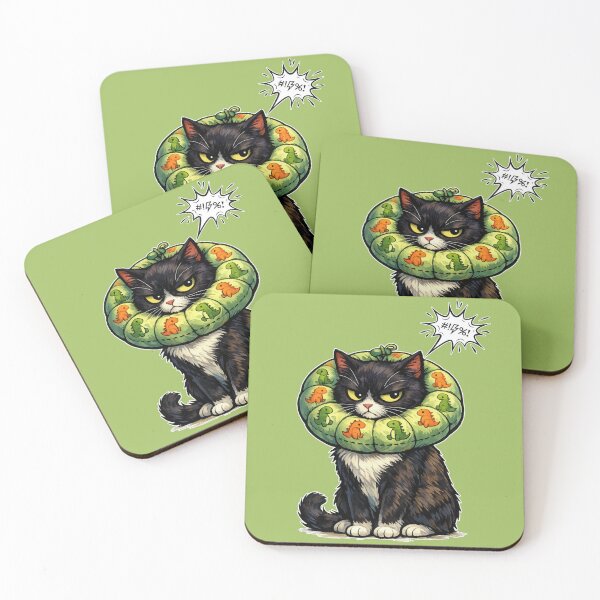Item preview, Angry Tuxedo Cat with Dinosaur Donut Collar - Funny Pet Illustration designed and sold by catastrocat.
