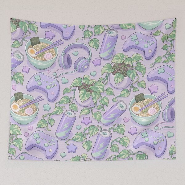 Item preview, Cozy Gaming Desk Ramen and Controllers Seamless Pattern | Pastel Lilac designed and sold by StickyGuys.