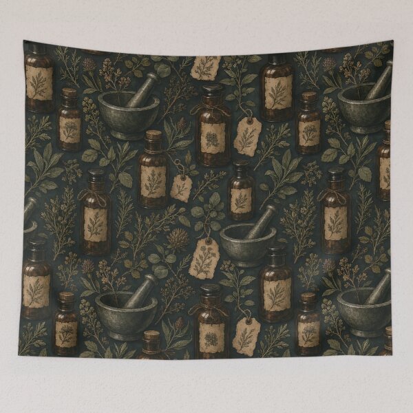 Item preview, Moonlit Herbal Apothecary Bottles and Sprigs Seamless Pattern | Deep Moss designed and sold by StickyGuys.