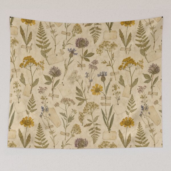 Item preview, Pressed Wildflower Specimens and Handwritten Labels Seamless Pattern | Faded Ochre designed and sold by StickyGuys.