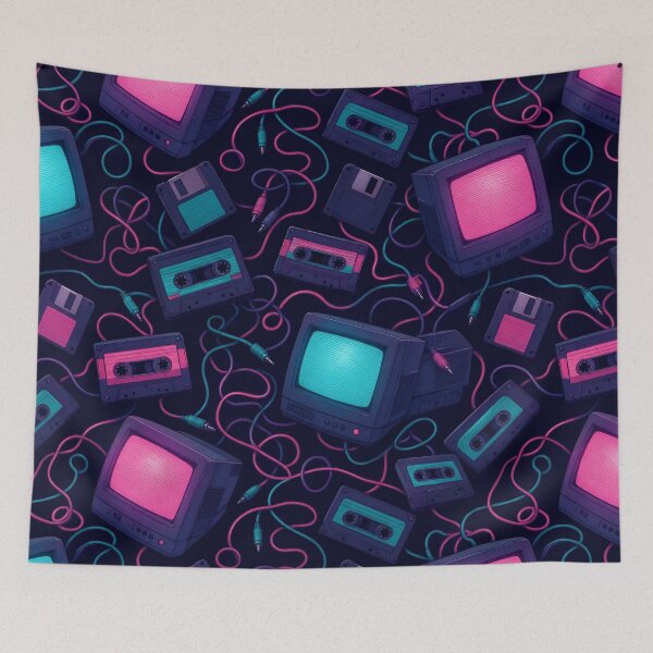 Item preview, Retro CRT Screens and Cassette Tapes Seamless Pattern | Vaporwave Teal designed and sold by StickyGuys.